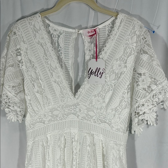 Yolly Italy White Lace Crochet Jumpsuit OS Wide Leg V-Neck - Picture 4 of 14
